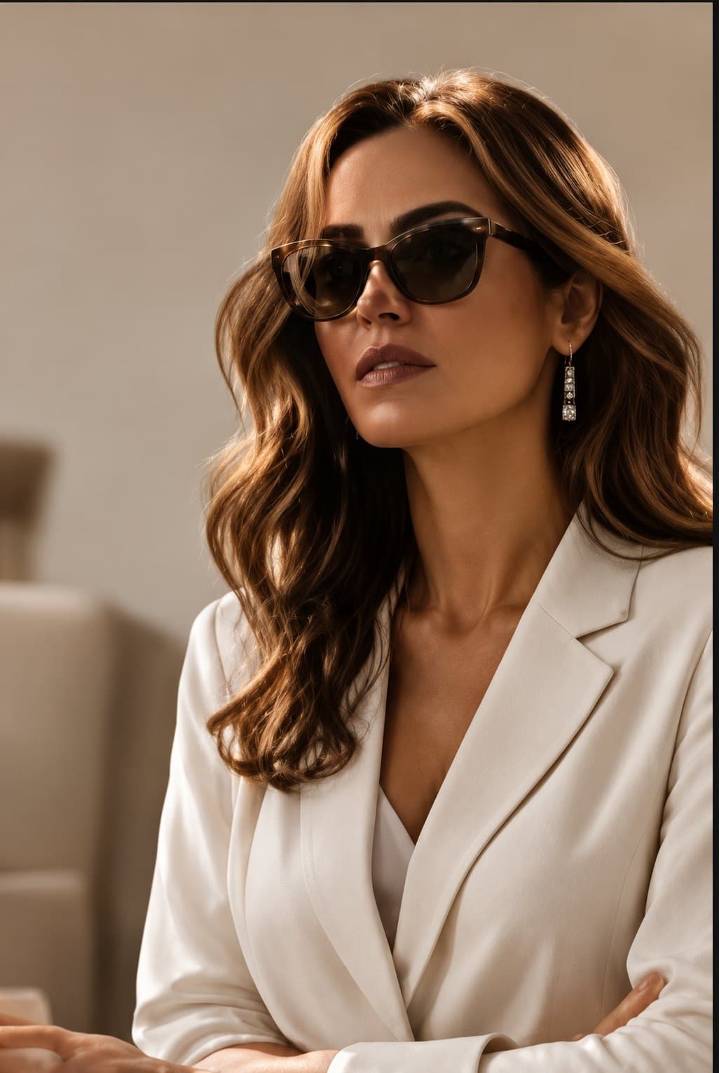 Mulher com blazer off-white e óculos escuros